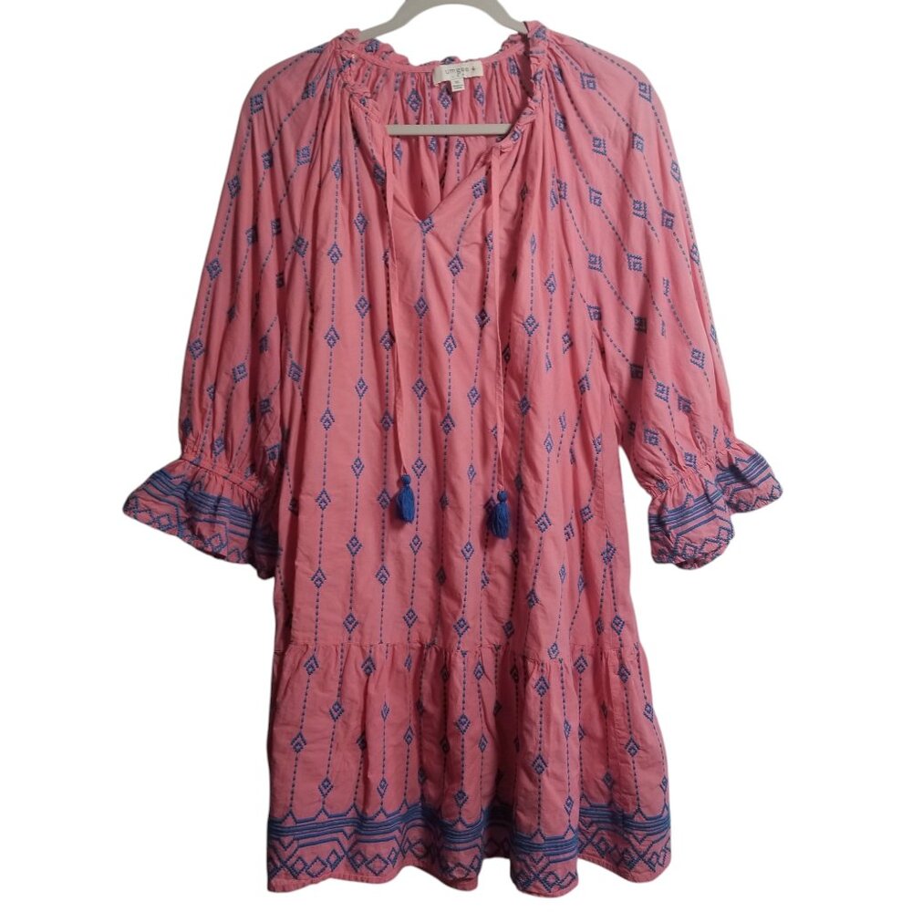 Umgee Women's Cotton Pink Blue Embroidered Mini Boho Prairie Dress Sz 1XL - Picture 1 of 6